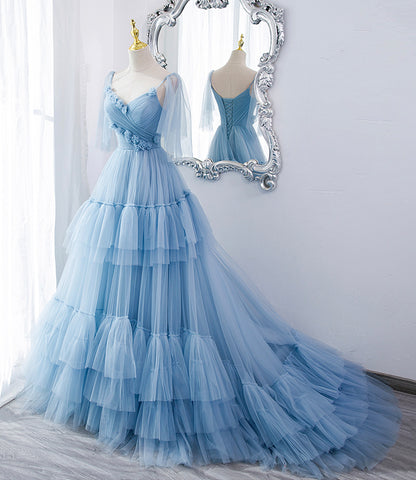 Blaues langes Ballkleid aus Tüll in A-Linie blaues Abendkleid 10551