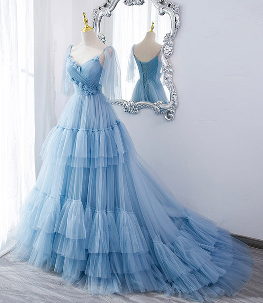 Blaues langes Ballkleid aus Tüll in A-Linie blaues Abendkleid 10551