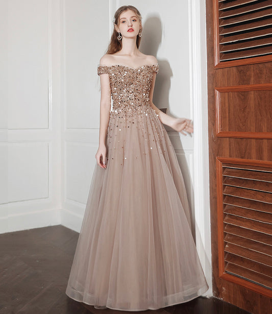 Langes Abendkleid aus glänzendem Tüll mit Pailletten A-Linien-Abendkleid 10576