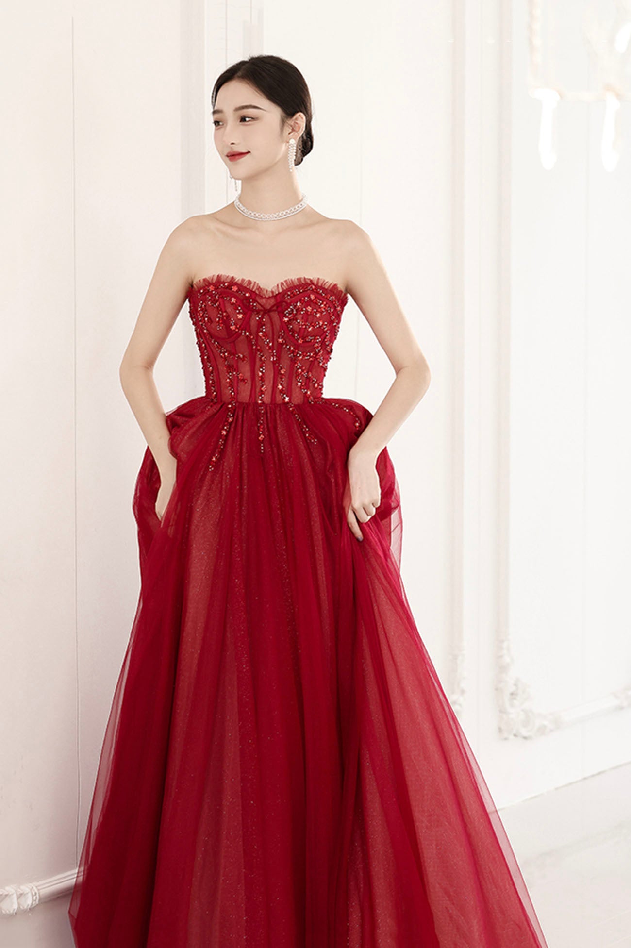 Burgundy tulle beads long prom dress evening dress  10604