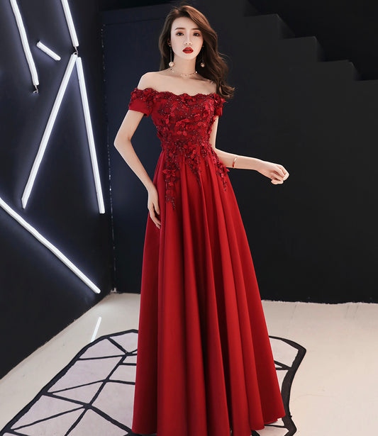 Langes Ballkleid aus bordeauxfarbener Satinspitze A-Linie Abendkleid 10565