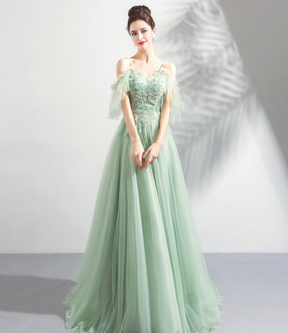 Grünes langes Ballkleid aus Tüllspitze Abendkleid in A-Linie 10575
