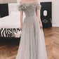 Gray tulle long prom dress A line evening dress  10647