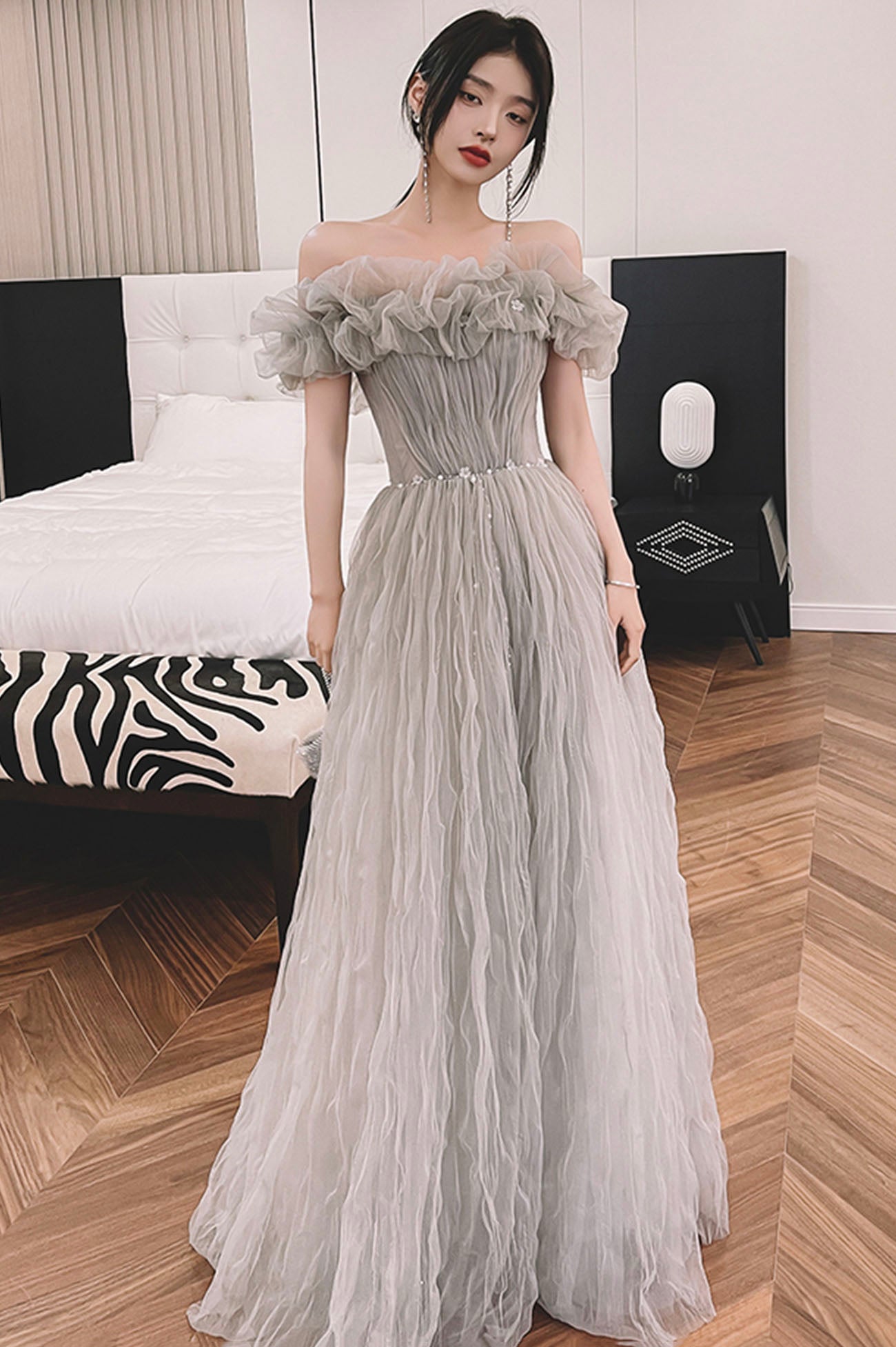 Gray tulle long prom dress A line evening dress  10647