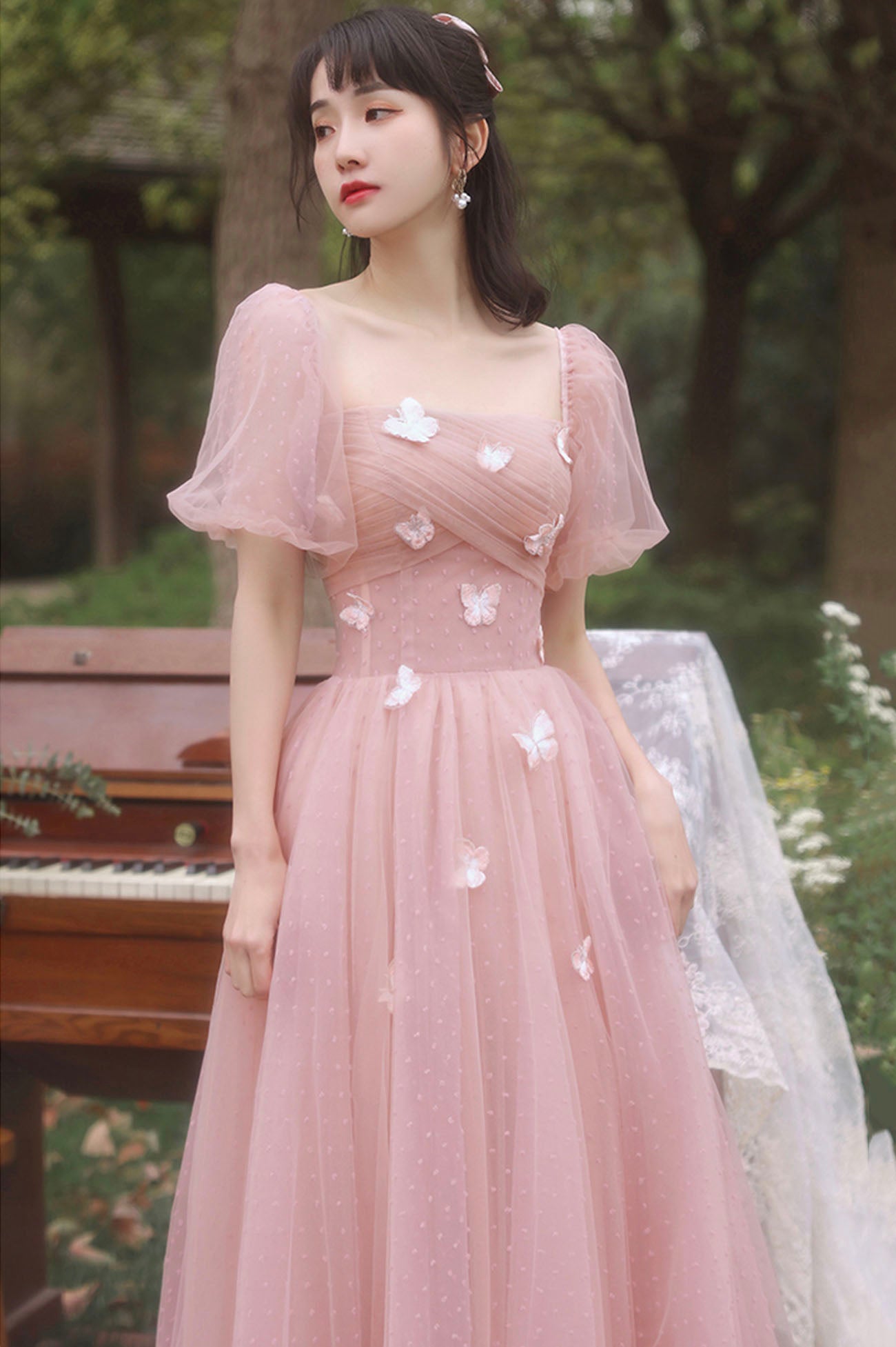 Pink tulle long prom dress A line evening dress  10587