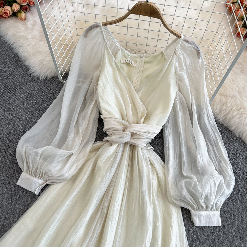 Champagner V-Ausschnitt Langarm Kleid A-Linie Fashion Dress 10683