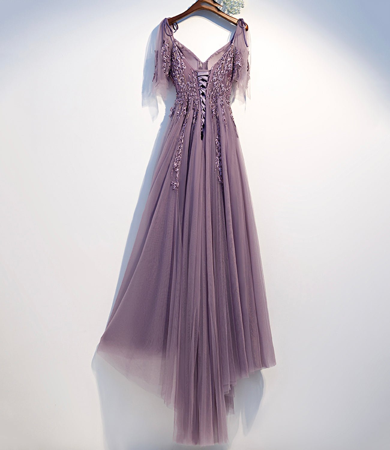 Lila Tüll Spitze langes Ballkleid A-Linie Abendkleid 10494