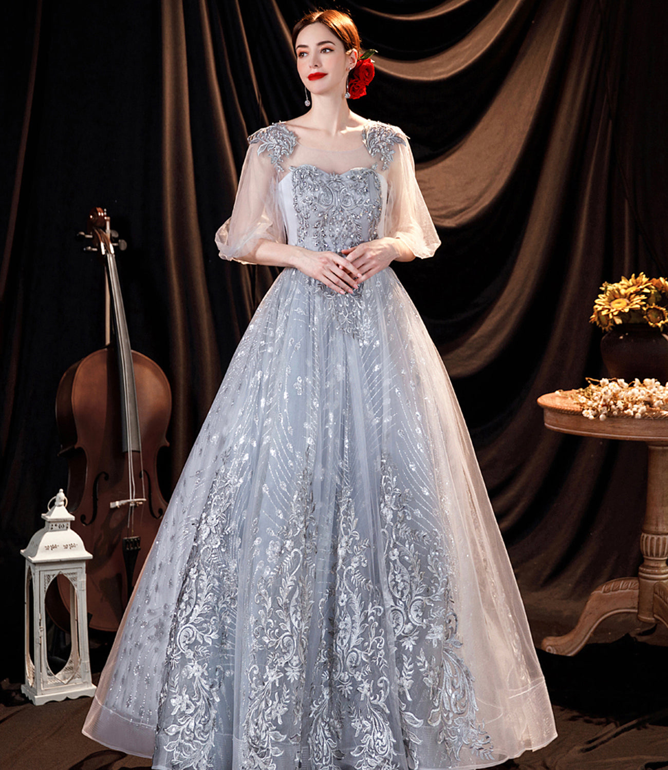 Langes Ballkleid aus grauer Tüllspitze A-Linie Abendkleid 10508