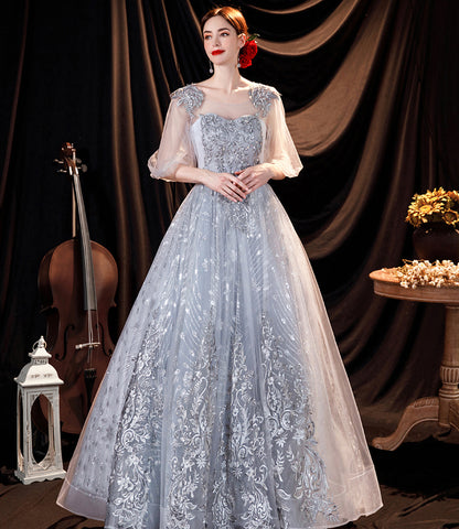 Langes Ballkleid aus grauer Tüllspitze A-Linie Abendkleid 10508