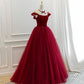 Burgundy velvet tulle long prom dress A line evening gown  10580