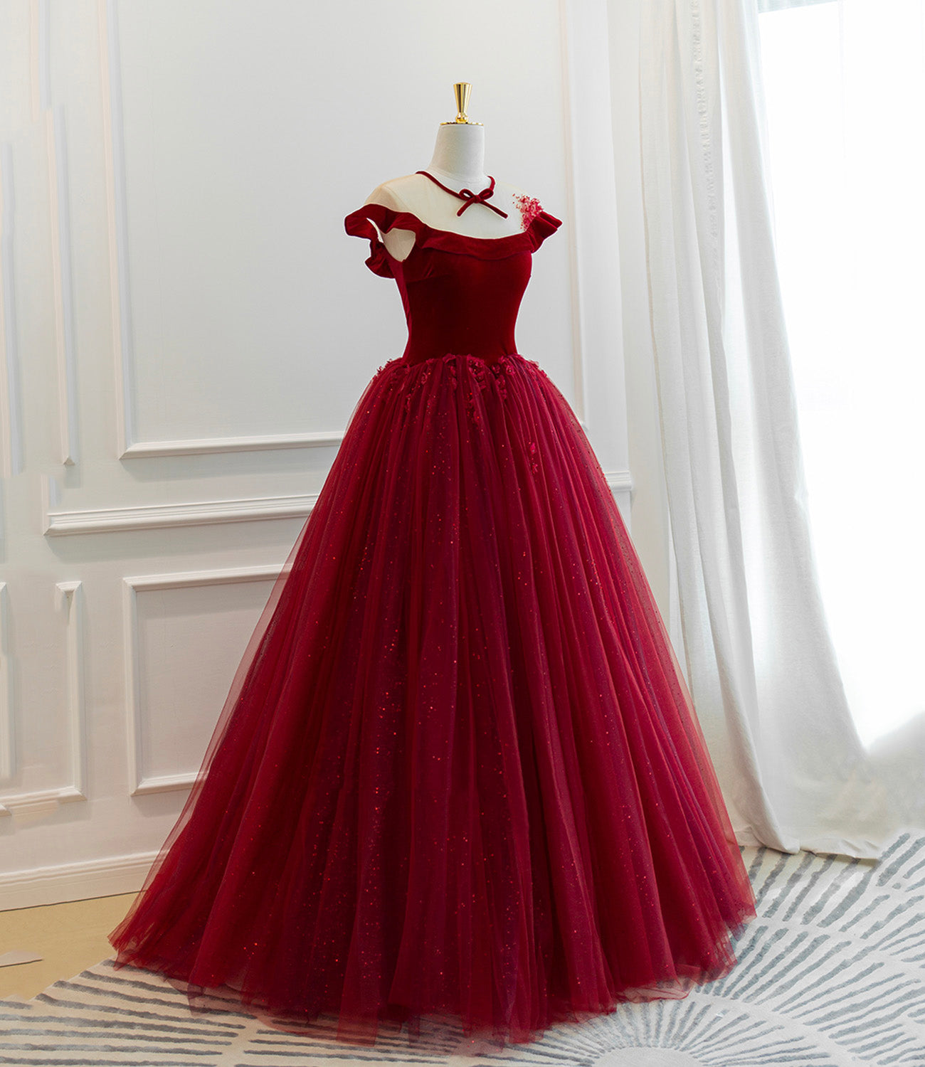 Burgundy velvet tulle long prom dress A line evening gown  10580