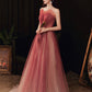 Burgundy tulle sequins long prom dress A line evening dress  10626