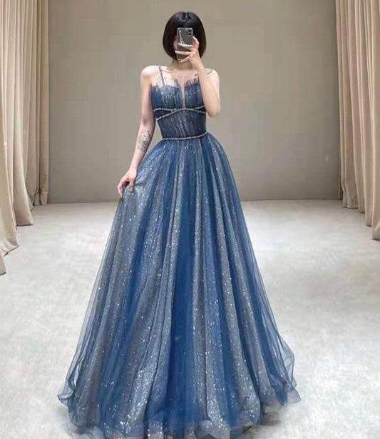 Langes Ballkleid aus blauem Tüll mit Pailletten blaues Abendkleid 10583