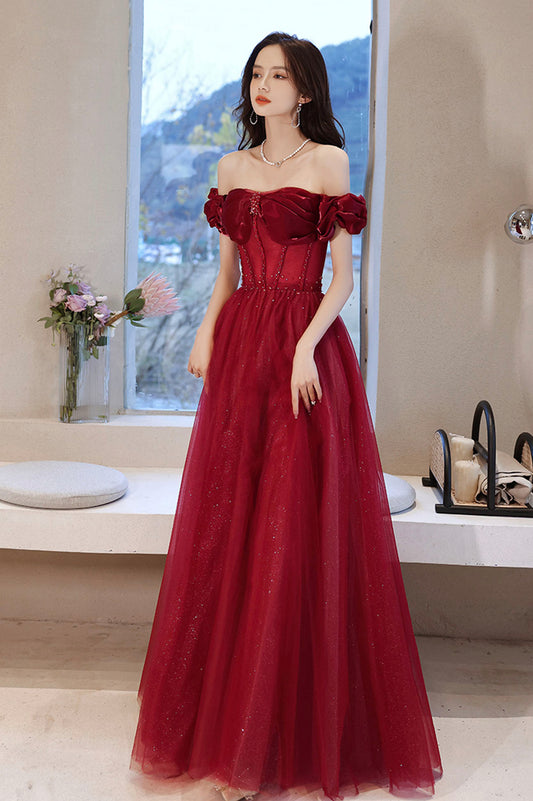 Burgund Tüll Perlen langes Ballkleid Abendkleid 10584