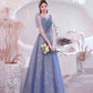Blue tulle long A line prom dress blue evening dress  10530