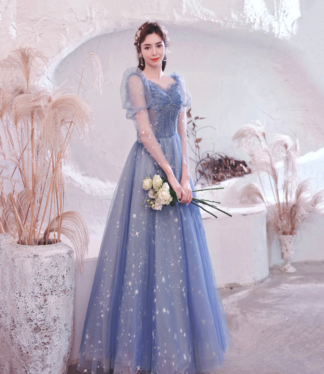 Blue tulle long A line prom dress blue evening dress  10530
