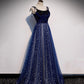 Langes Ballkleid aus blauem Samt-Tüll Abendkleid in A-Linie 10515
