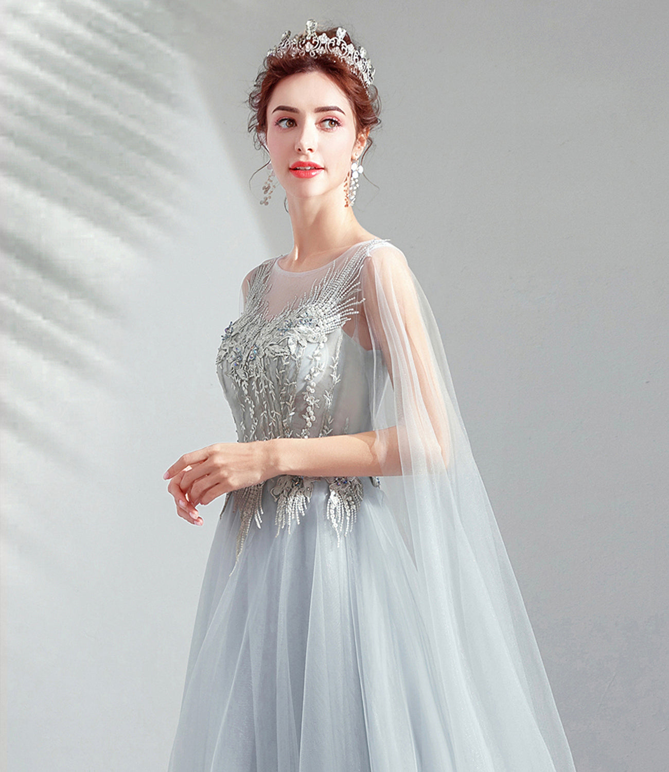 Robe de soirée longue en tulle et dentelle grise Robe de soirée trapèze 10509