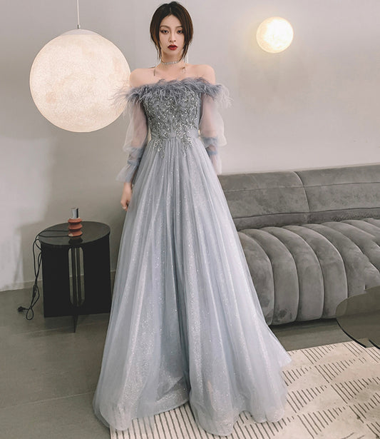 Langes Ballkleid aus grauem Tüll mit Pailletten A-Linien-Abendkleid 10559