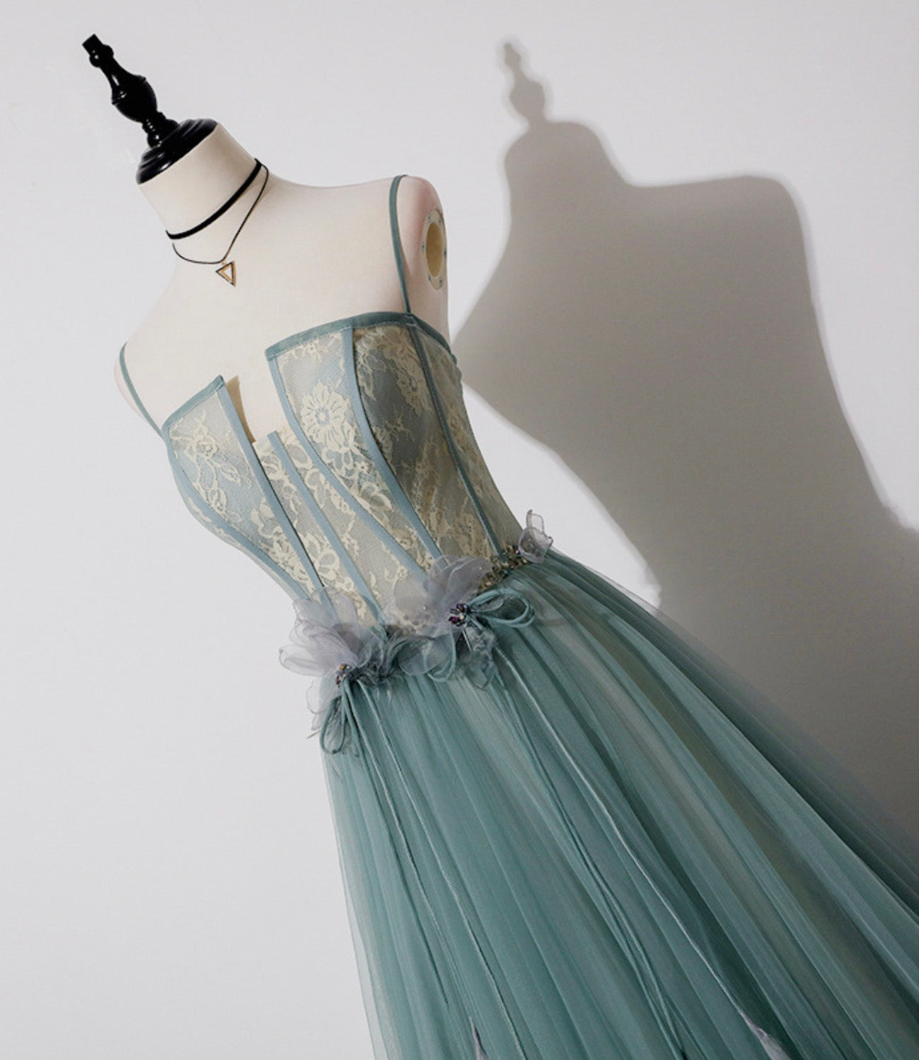 Green tulle lace long prom dress A line evening dress  10557
