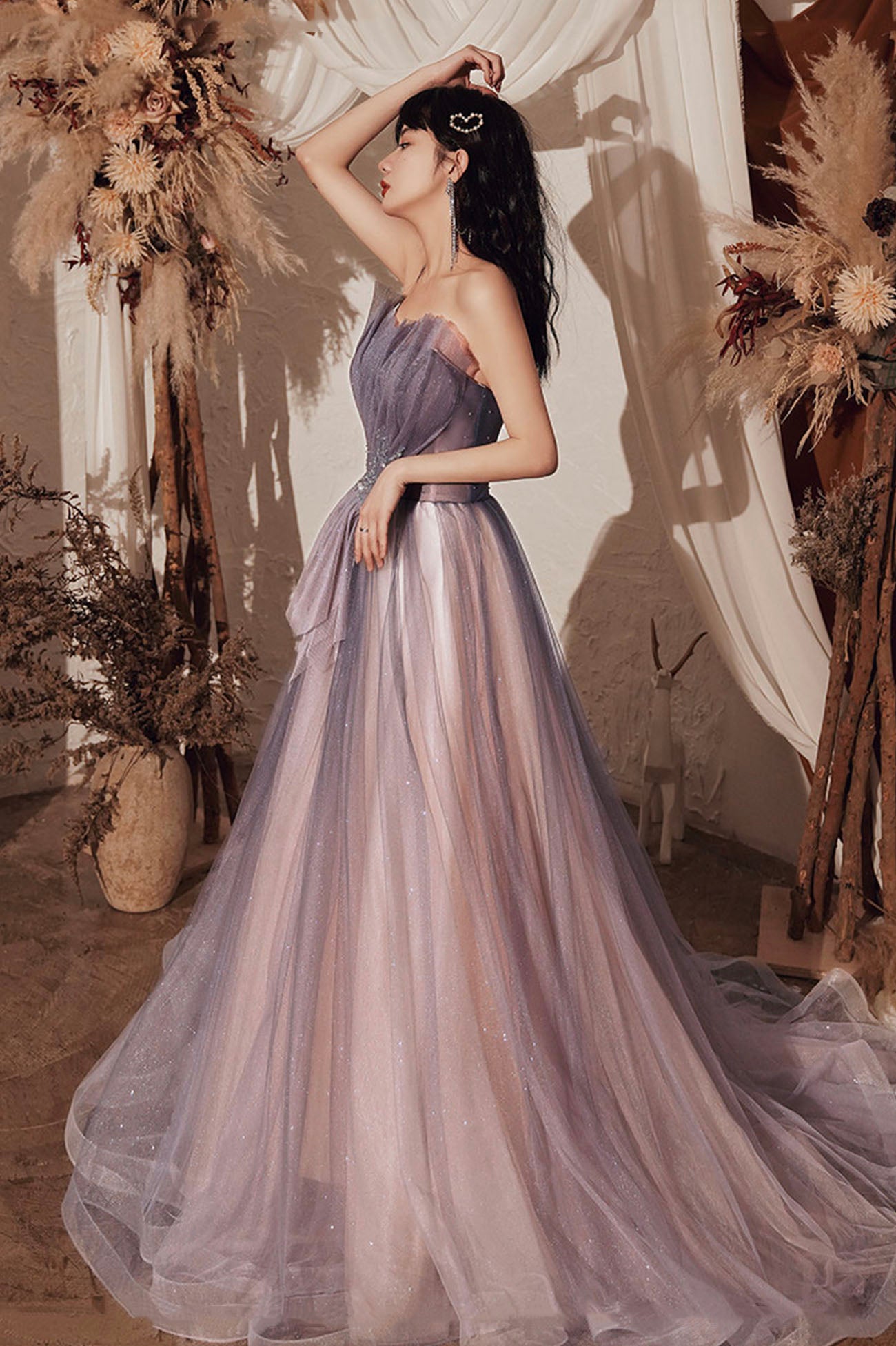 Robe de soirée longue en tulle violet à paillettes 10648