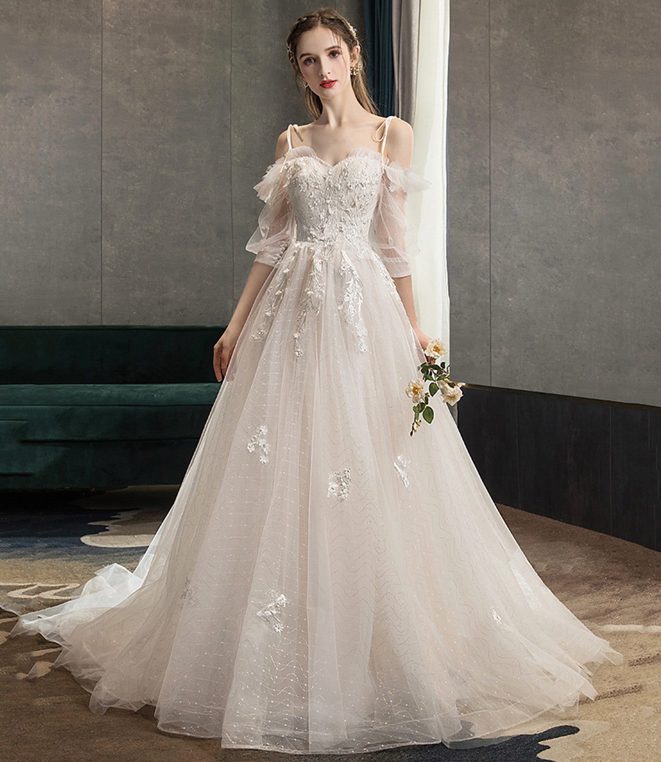 Robe de soirée longue en tulle et dentelle mignonne Robe de soirée trapèze 10573