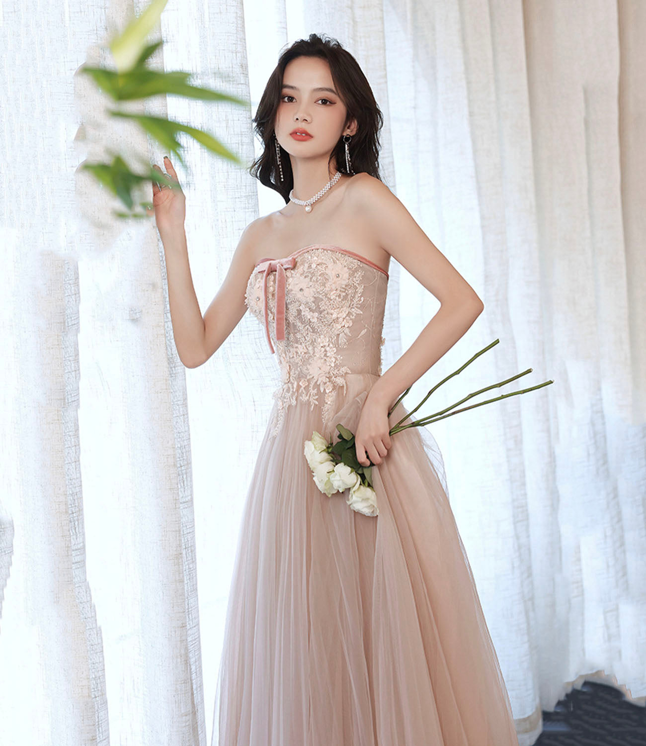 Rosa langes Ballkleid aus Tüllspitze Rosa Abendkleid 10628