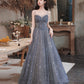 Gray tulle long prom dress A line evening dress  10489