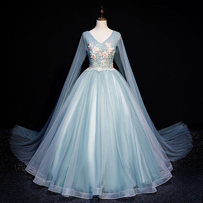 Robe de soirée longue en tulle bleu et dentelle 10636