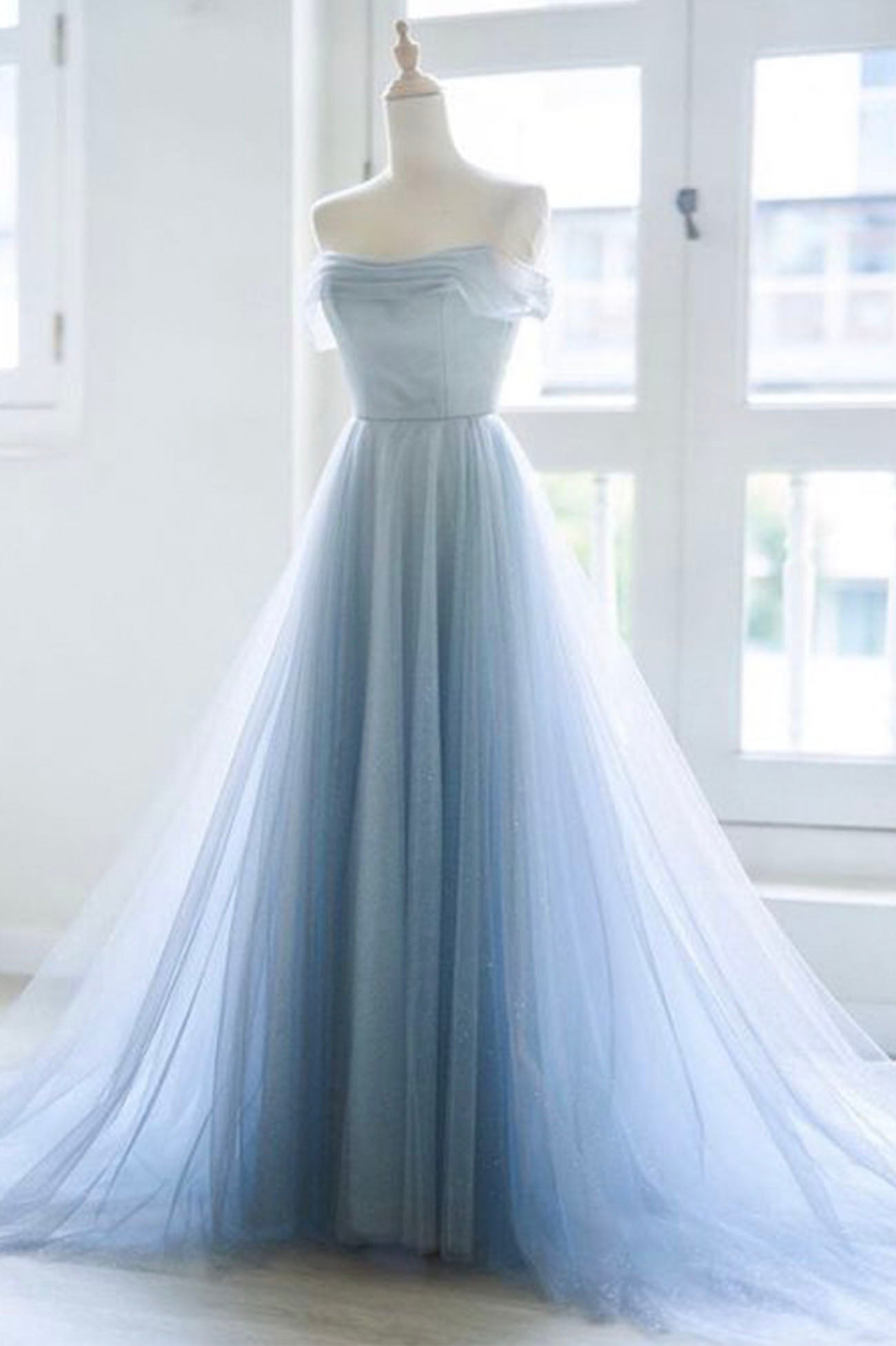 Blue tulle long A line prom dress blue evening dress  10592