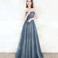 Blue tulle beads long prom dress A line evening dress  10549