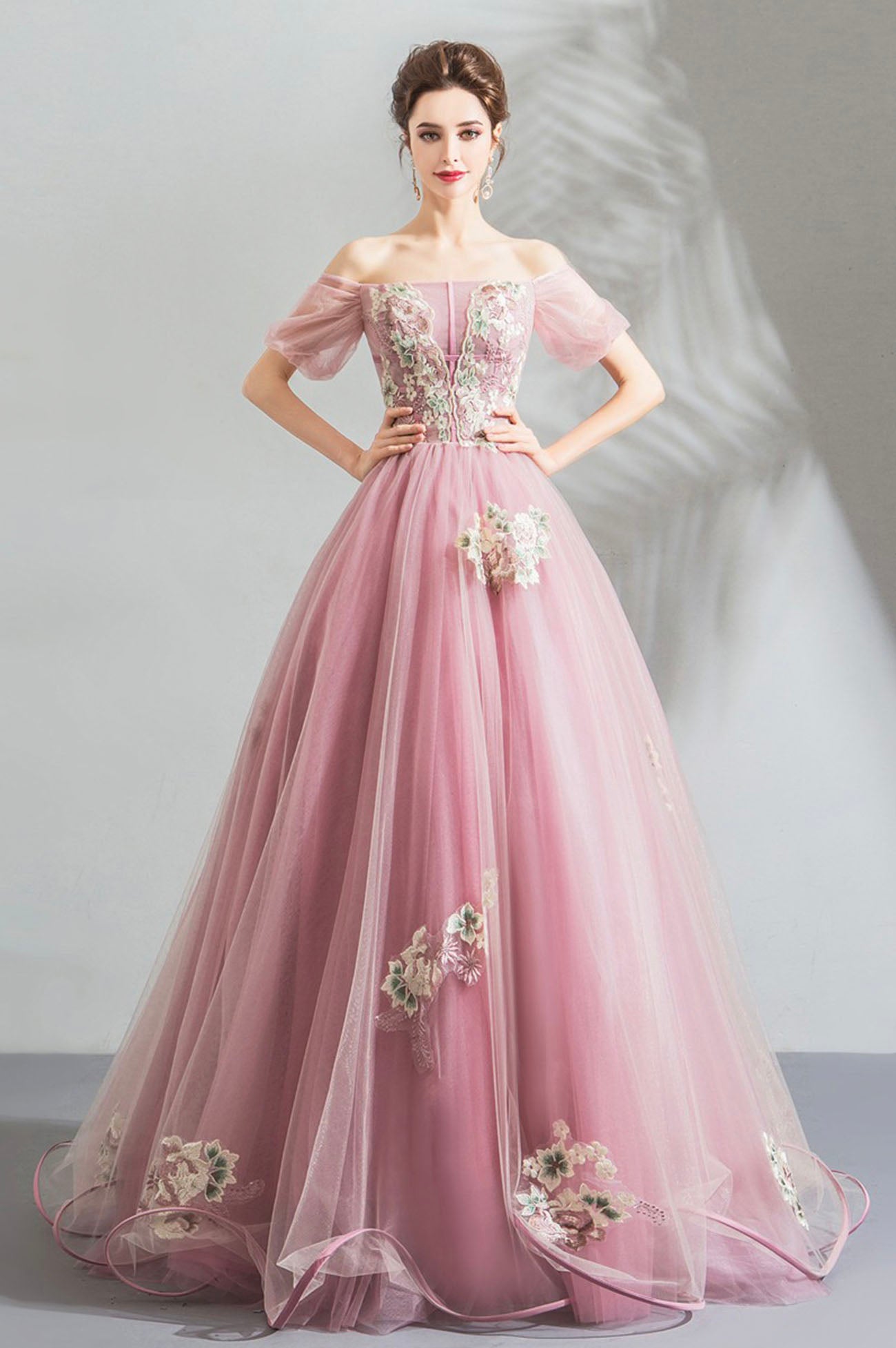 Rosa Tüll Spitze langes Ballkleid Abendkleid 10623