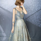 Langes Ballkleid aus grauem Tüll mit Pailletten A-Linie Abendkleid 10492