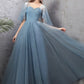 Blue tulle long A line prom dress blue evening dress  10588