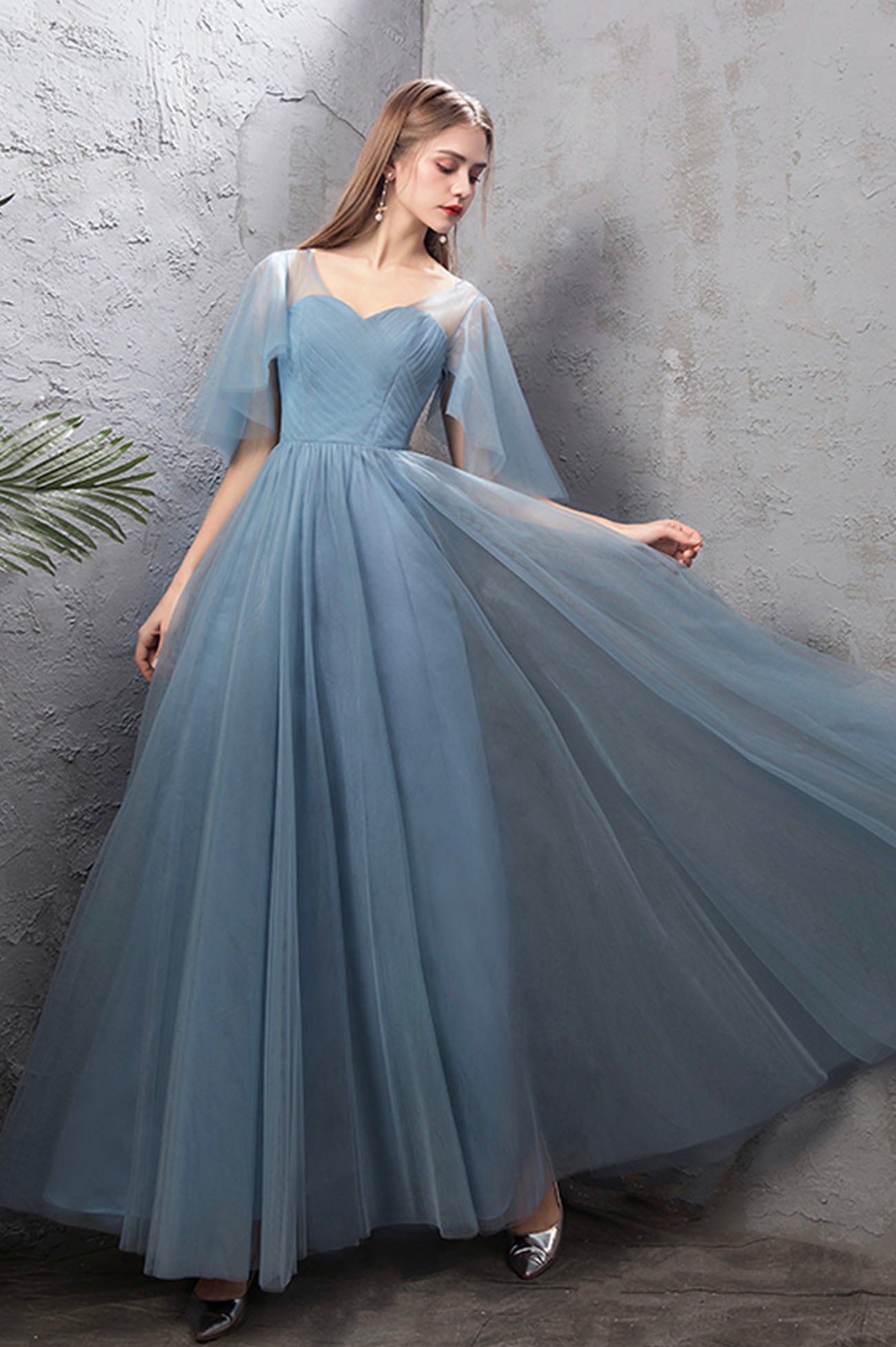 Blue tulle long A line prom dress blue evening dress  10588