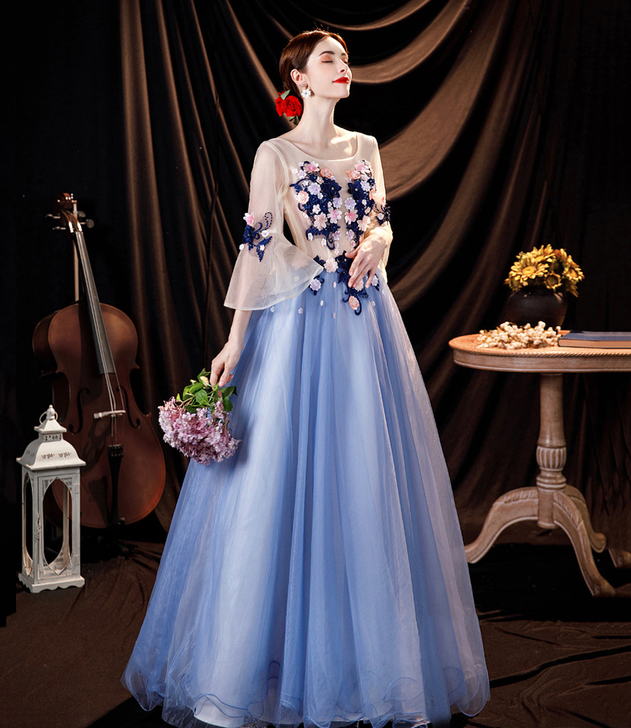 Blue tulle applique long prom dress blue evening dress  10534