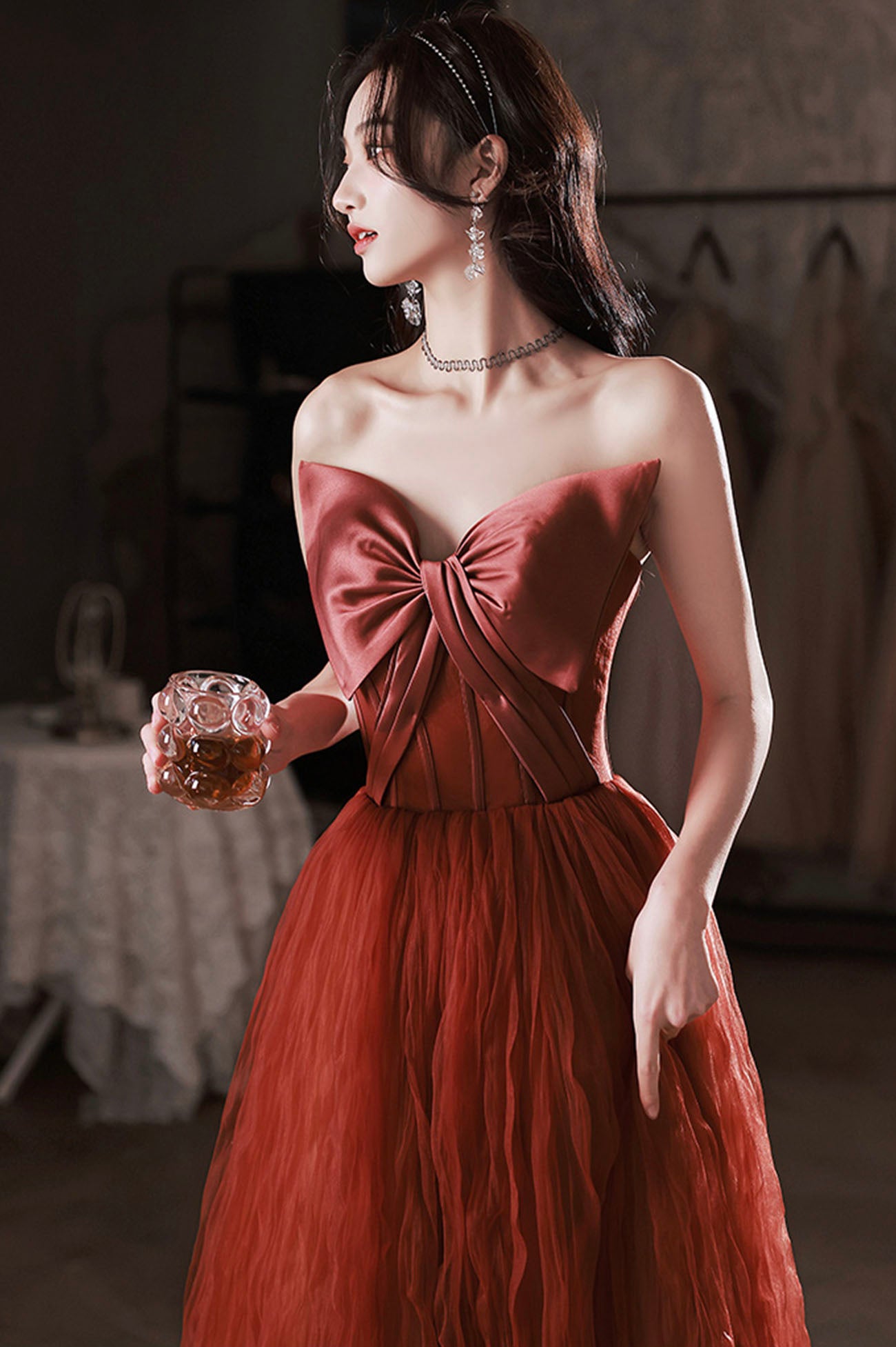 Robe de soirée longue en tulle satiné bordeaux Robe de soirée trapèze 10649
