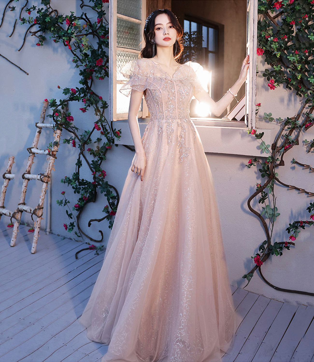 Pink tulle beads long prom dress A line evening dress  10487
