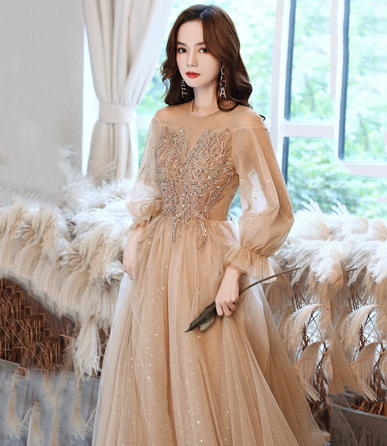 Cute tulle beads long prom dress A line evening dress  10523