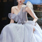 Gray tulle long A line prom dress gray evening dress  10625