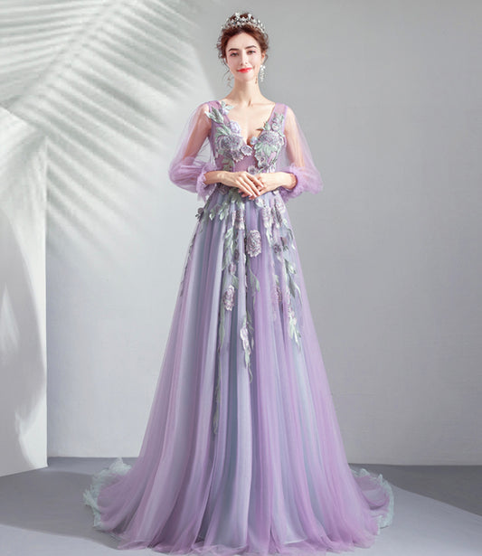 Lila Tüll Spitze langes Ballkleid A-Linie Abendkleid 10552