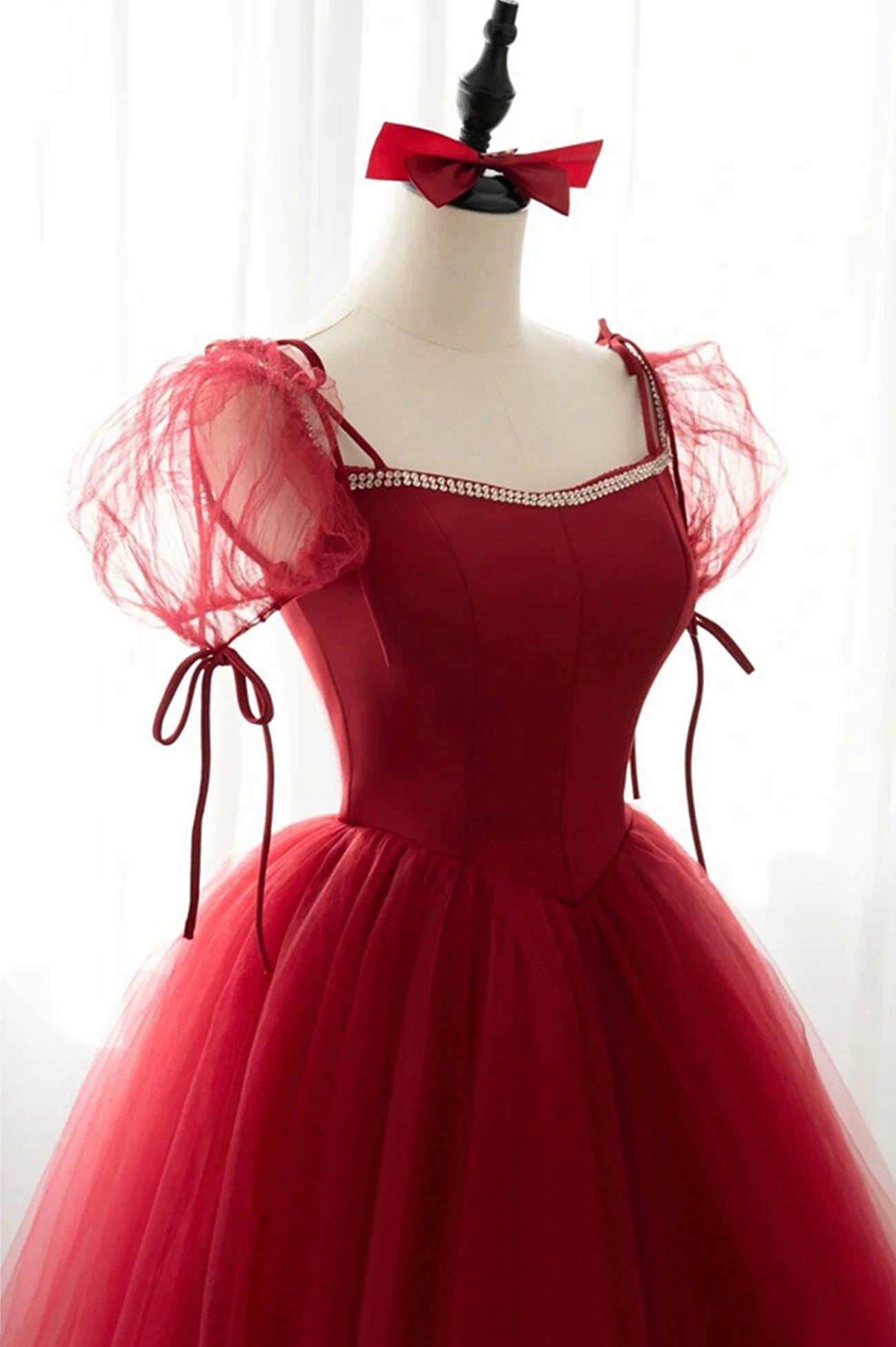 Red tulle long ball gown dress red evening dress  10599