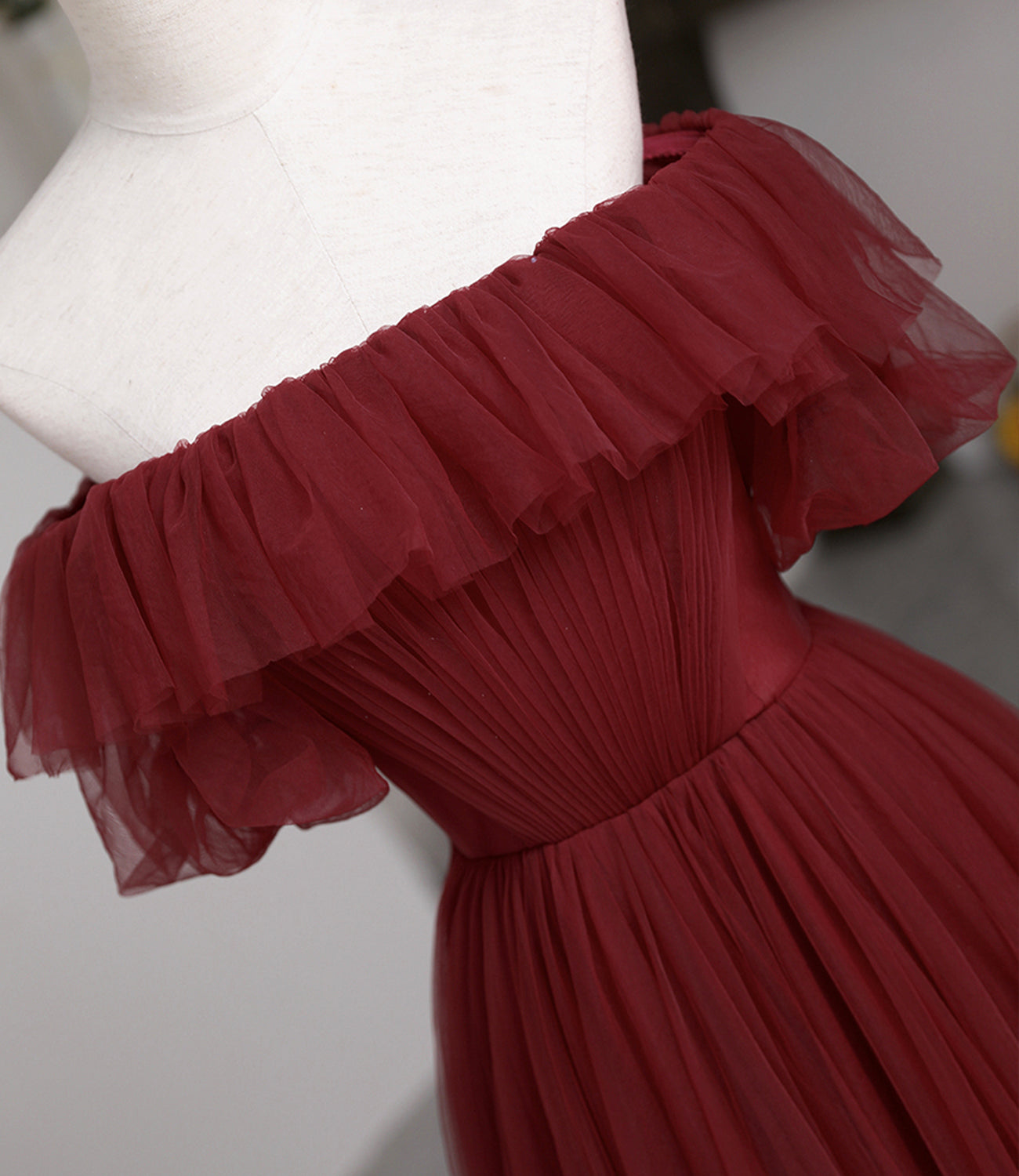 Burgund Tüll langes Ballkleid A-Linie Abendkleid 10503