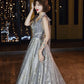 Langes Ballkleid aus grauem Tüll mit Pailletten A-Linie Abendkleid 10436