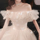 Champagne tulle long prom dress A line evening dress  10423