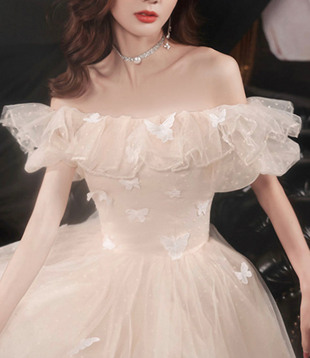 Champagne tulle long prom dress A line evening dress  10423