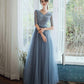 Langes Ballkleid aus blauem Tüll mit Perlen A-Linie Abendkleid 10333