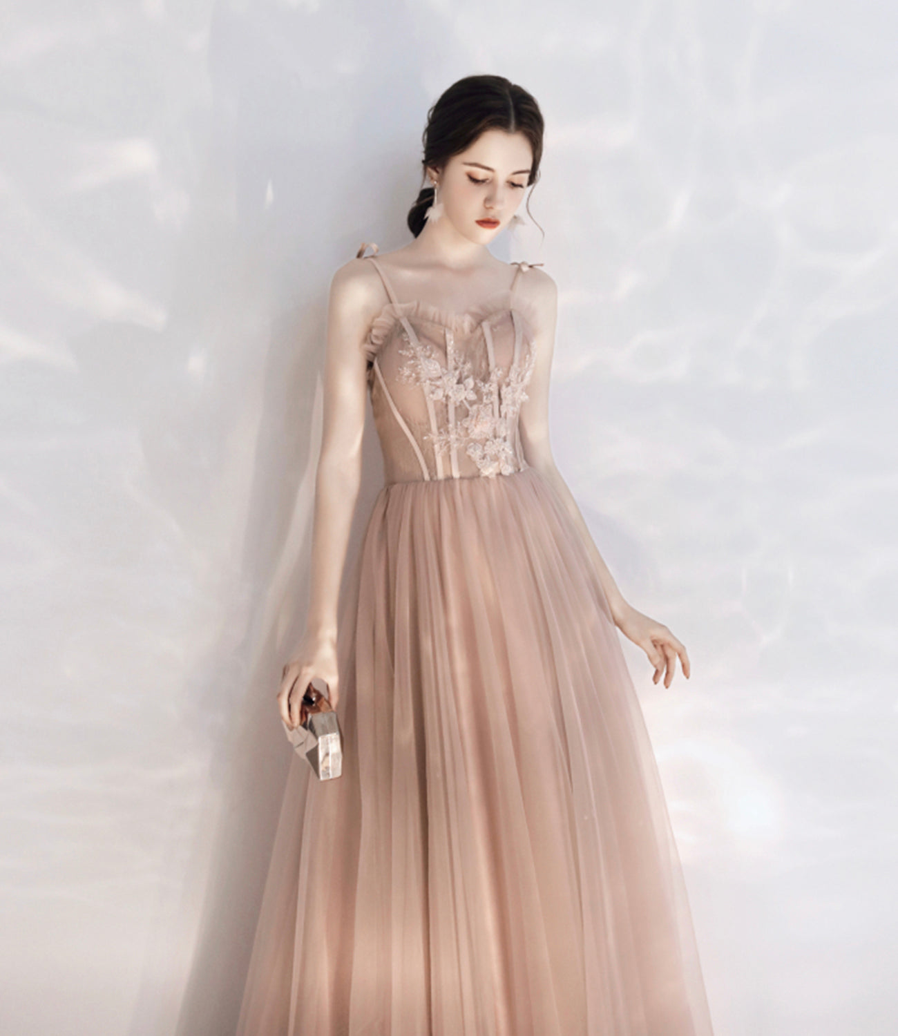 Stylish tulle lace long prom dress A line evening dress  10397