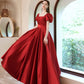 Red satin long A line prom dress red evening dress  10529