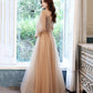 Cute tulle beads long prom dress A line evening dress  10523